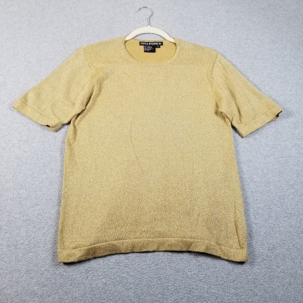 Nina Patrick Sweater Womens Medium M Gold Metallic Short Sleeve Knit Top Shimmer